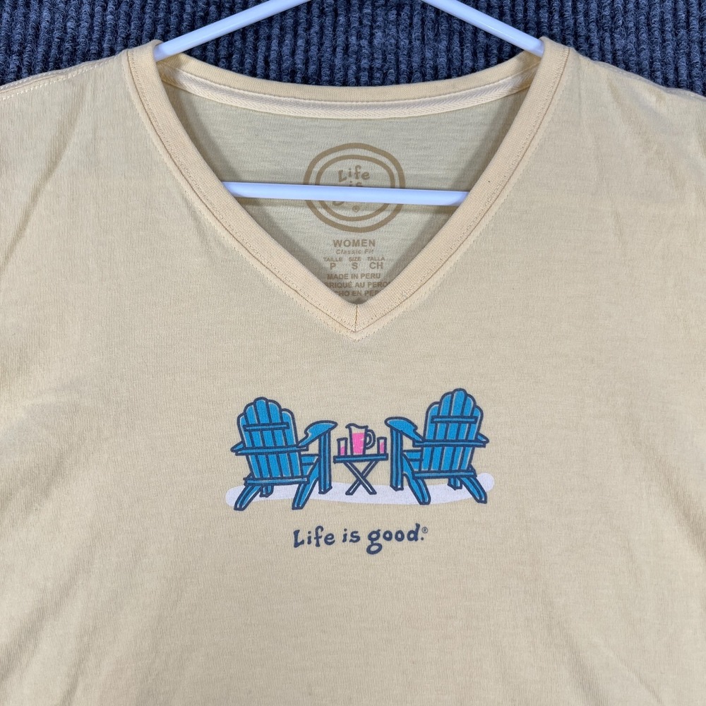 Life is Good Shirt Womens Small Yellow Short Sleeve V Neck Classic Fit Casual